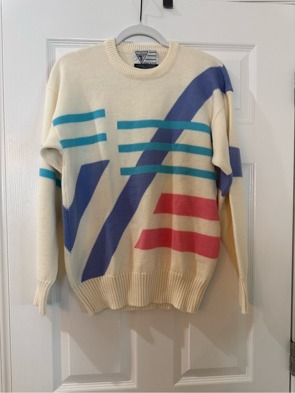 VTG Tyrolia head Graphic Stripe Ski Sweater in Cream with Blue and Pink